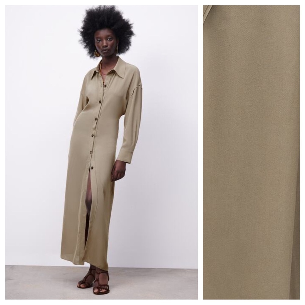 NWT Zara Limited Edition Khaki 100% Viscose Longline Collared Shirt Dress Size S - Picture 6 of 15